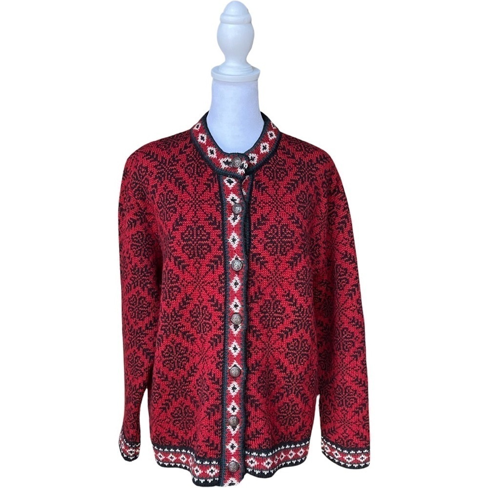 LL Bean 100% Merino Wool Nordic Snowflake Winter Sweater Cardigan Size Medium